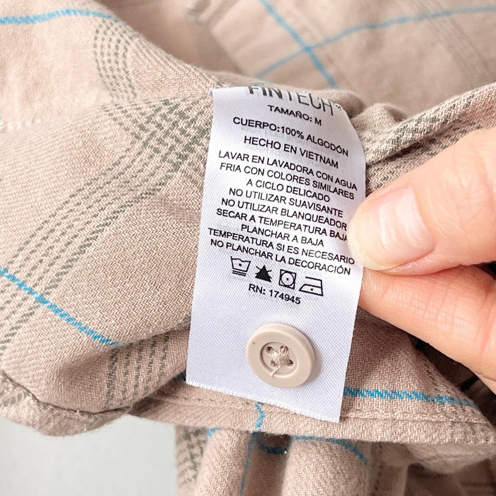 Fintech Mens Long Sleeve Plaid Flannel Button Down Shirt Tan Blue Size M - Picture 4 of 9